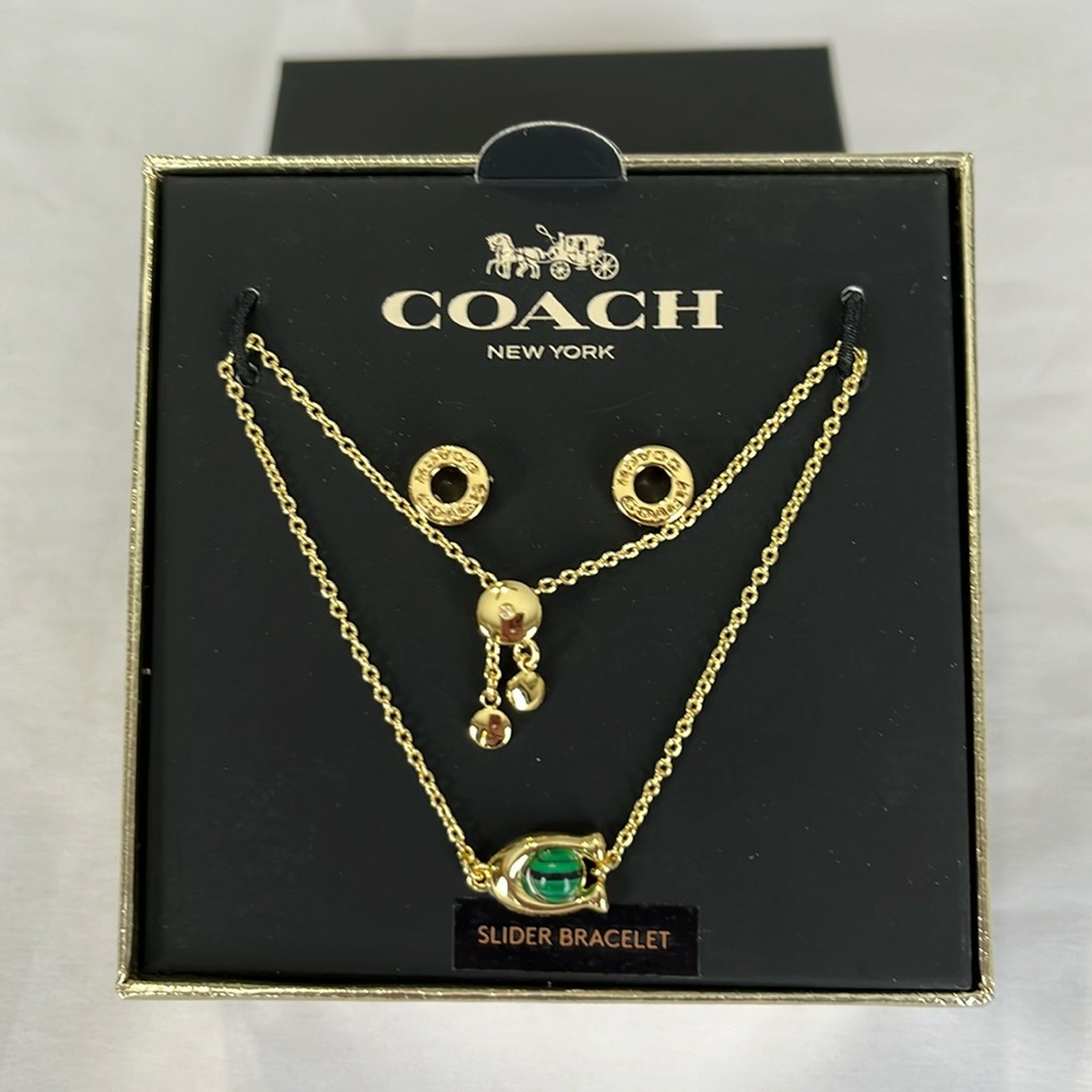 Coach Signature C Slider Malachite Bracelet & Open Circle Logo Earrings Set NWT
